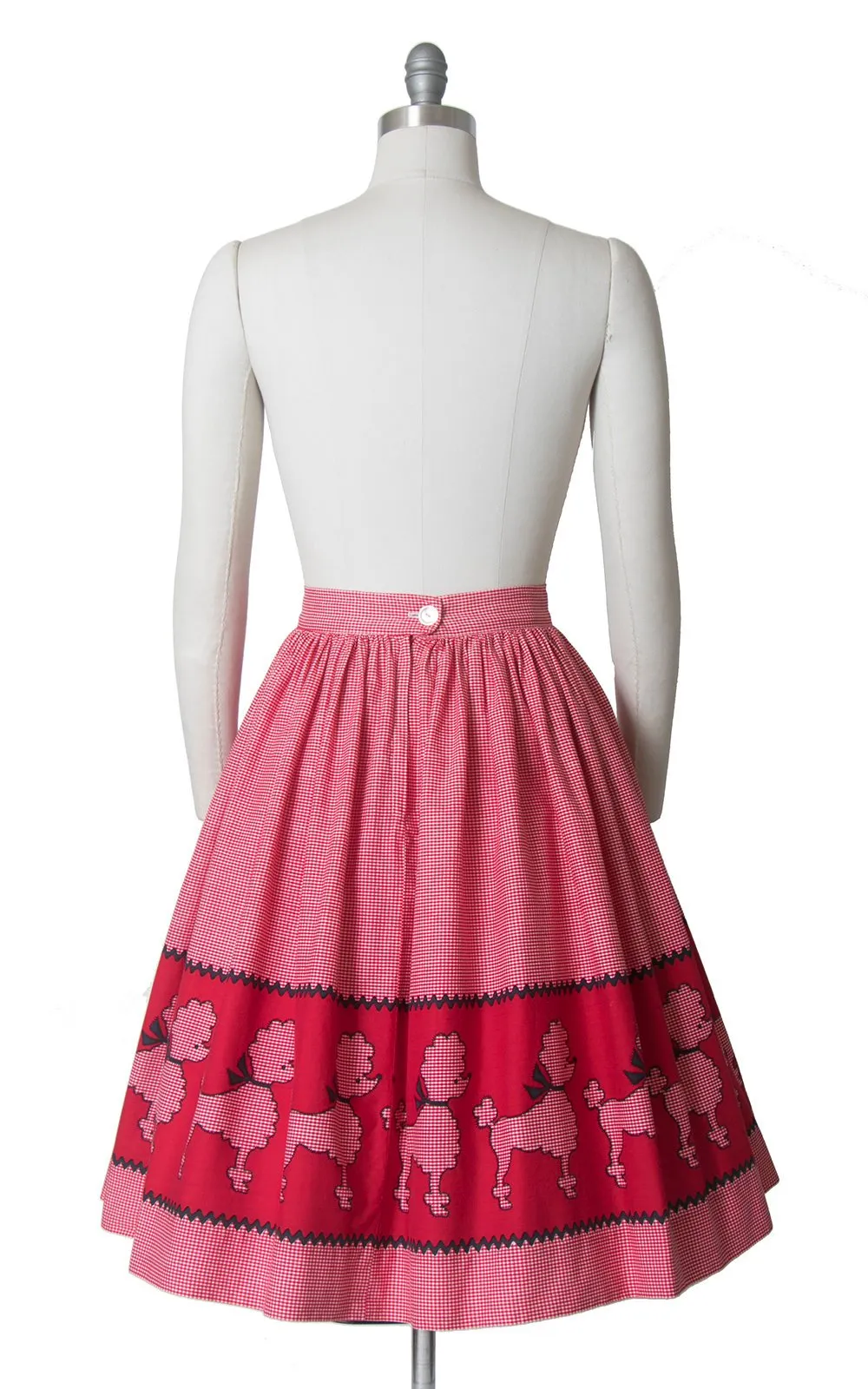 1950s Poodle Novelty Border Print Red Cotton Skirt | medium
