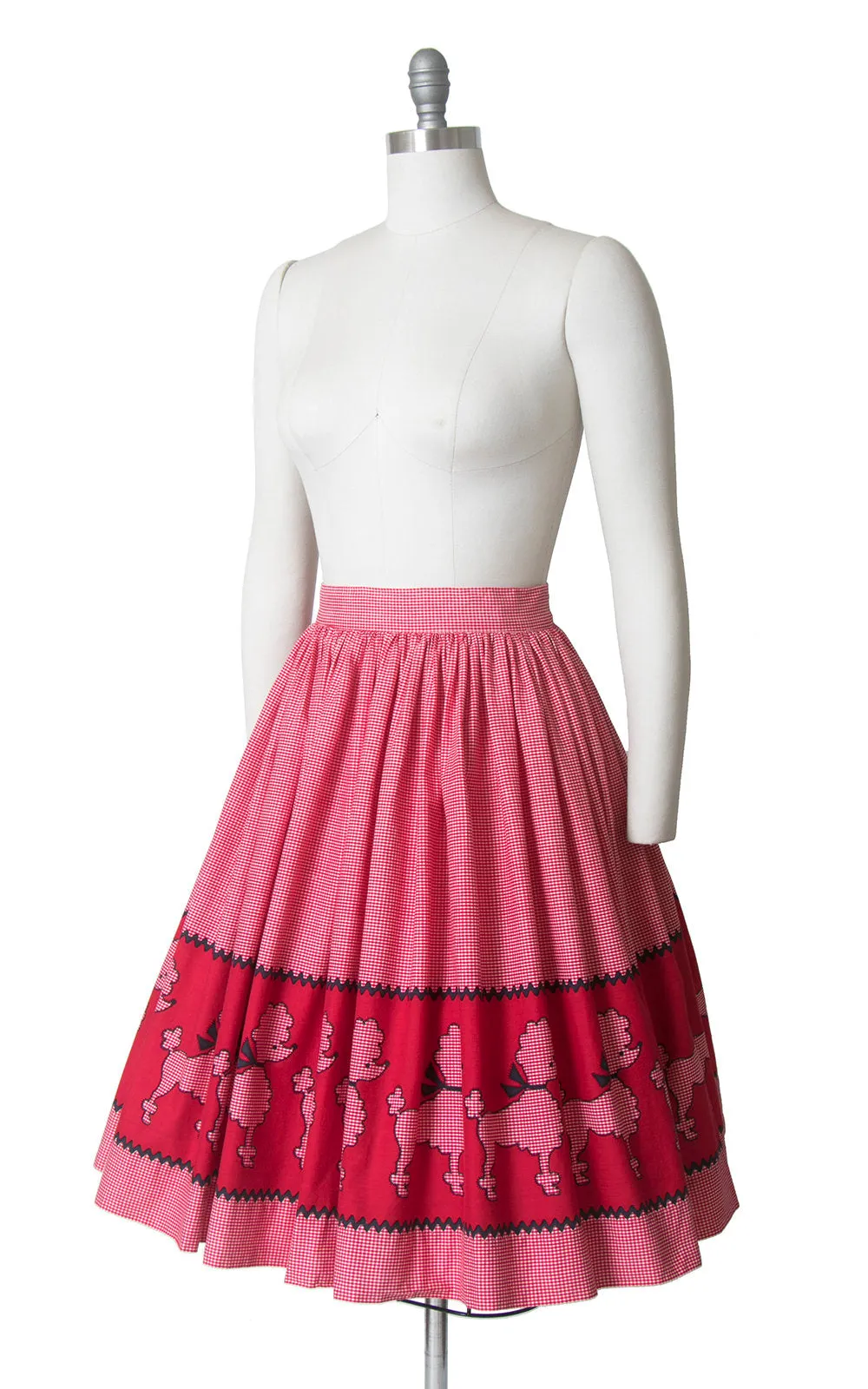 1950s Poodle Novelty Border Print Red Cotton Skirt | medium