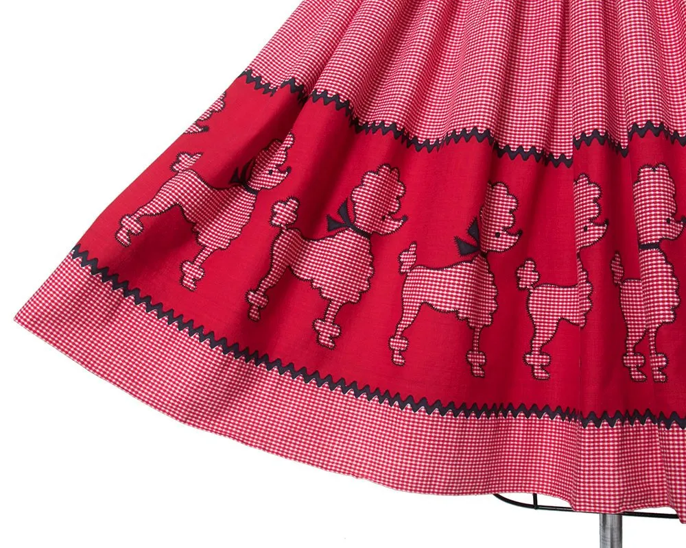 1950s Poodle Novelty Border Print Red Cotton Skirt | medium