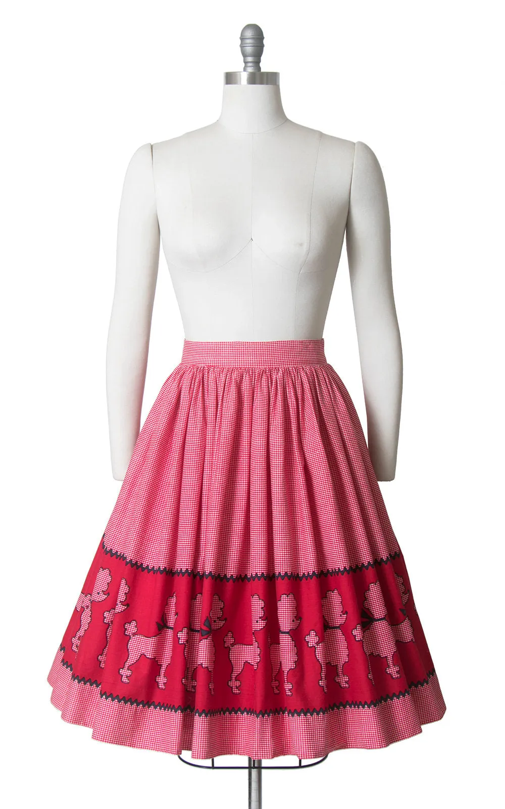 1950s Poodle Novelty Border Print Red Cotton Skirt | medium