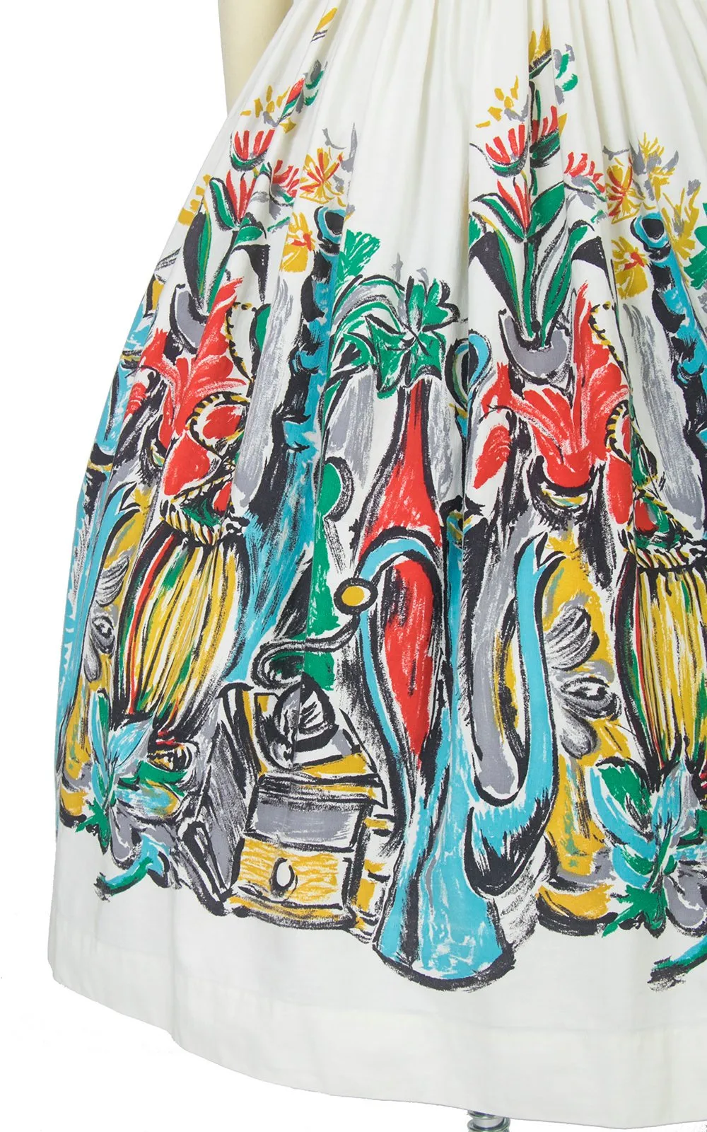 1950s Wine Picnic Novelty Border Print White Cotton Skirt | x-small/small