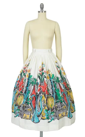 1950s Wine Picnic Novelty Border Print White Cotton Skirt | x-small/small