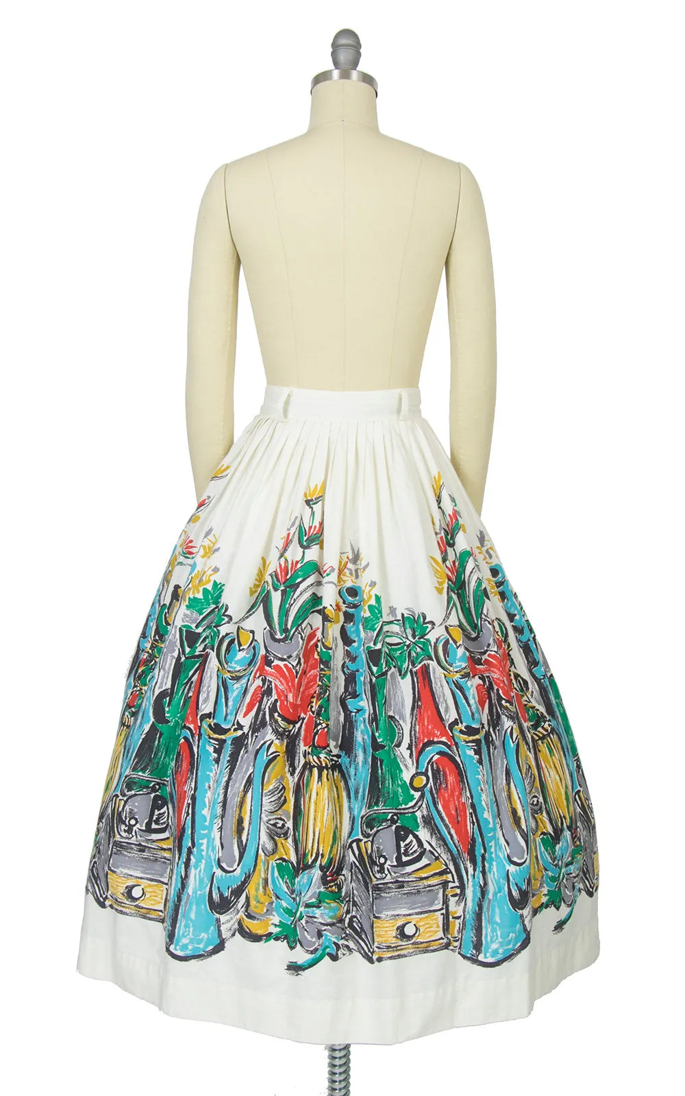 1950s Wine Picnic Novelty Border Print White Cotton Skirt | x-small/small