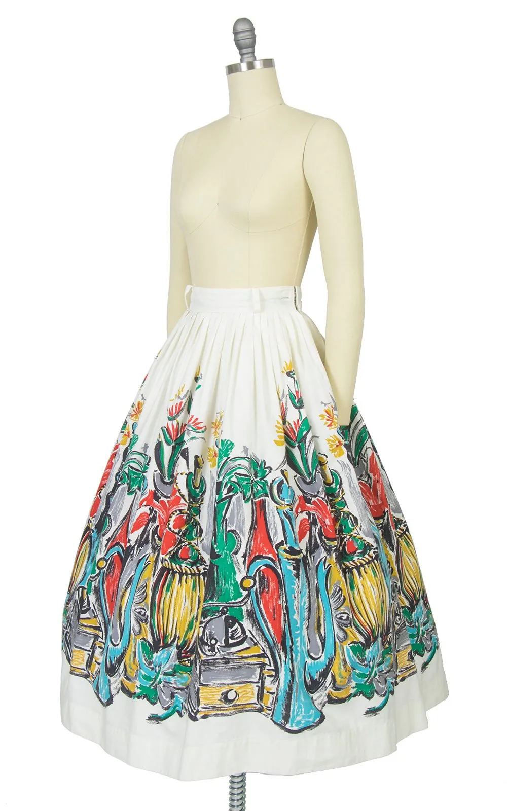 1950s Wine Picnic Novelty Border Print White Cotton Skirt | x-small/small