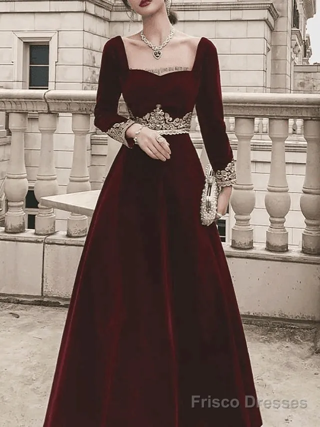 A-Line Elegant Vintage Wedding Guest Formal Evening ValentineS Day Dress Scoop Neck Long Sleeve Floor Length Velvet With Appliques