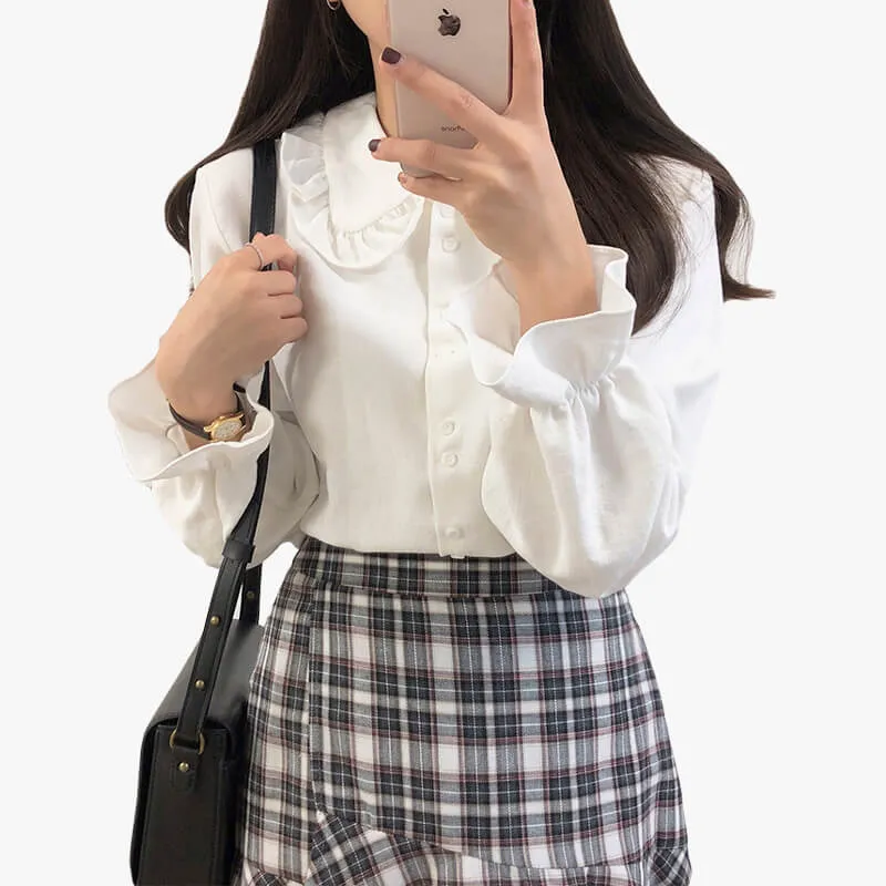 Dark Academia Shirt Fungus Collar Drawstring Puff Sleeve