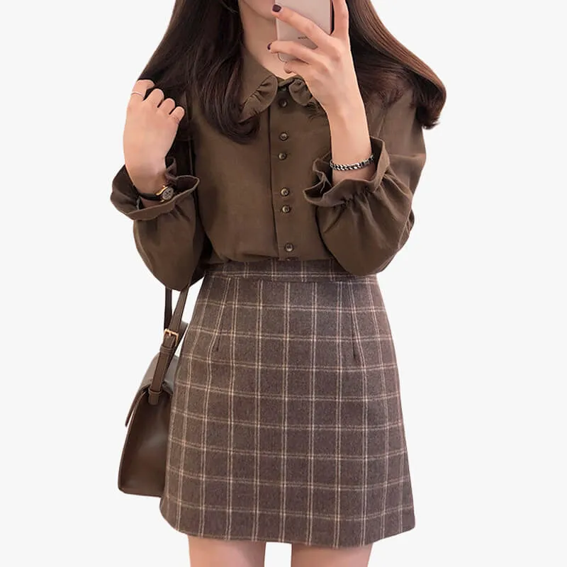 Dark Academia Shirt Fungus Collar Drawstring Puff Sleeve