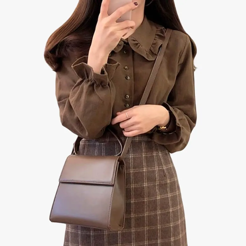 Dark Academia Shirt Fungus Collar Drawstring Puff Sleeve