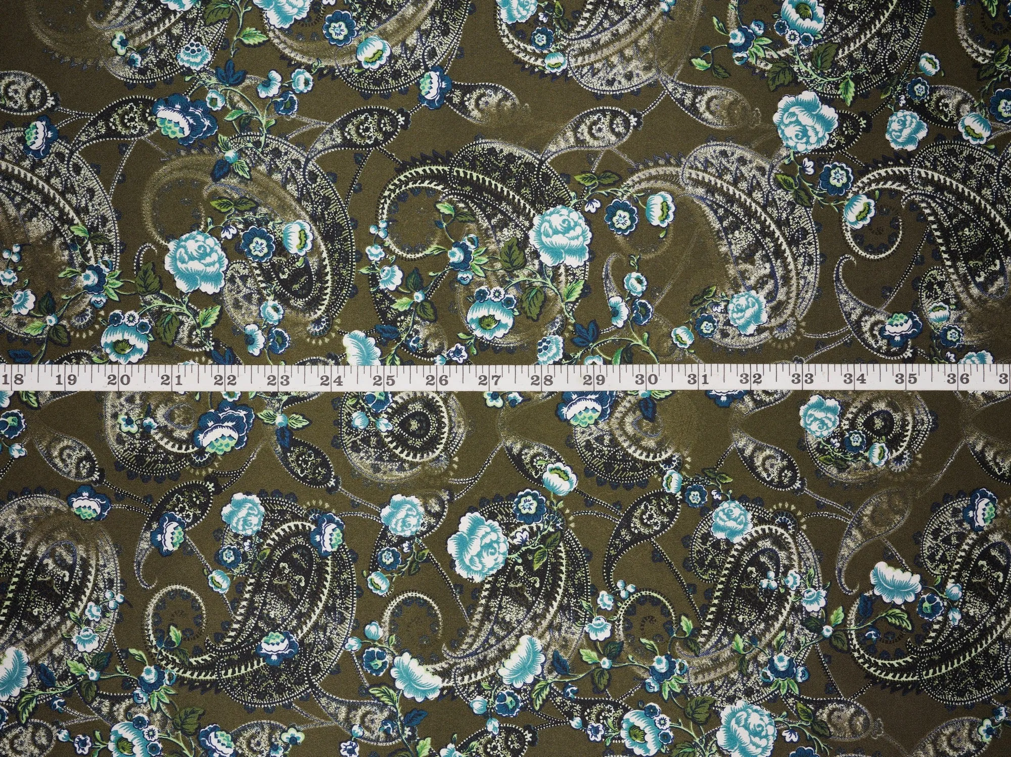 Olive and teal  washed paisley  - charmeuse satin fabric by the yard - MonSar exclusive