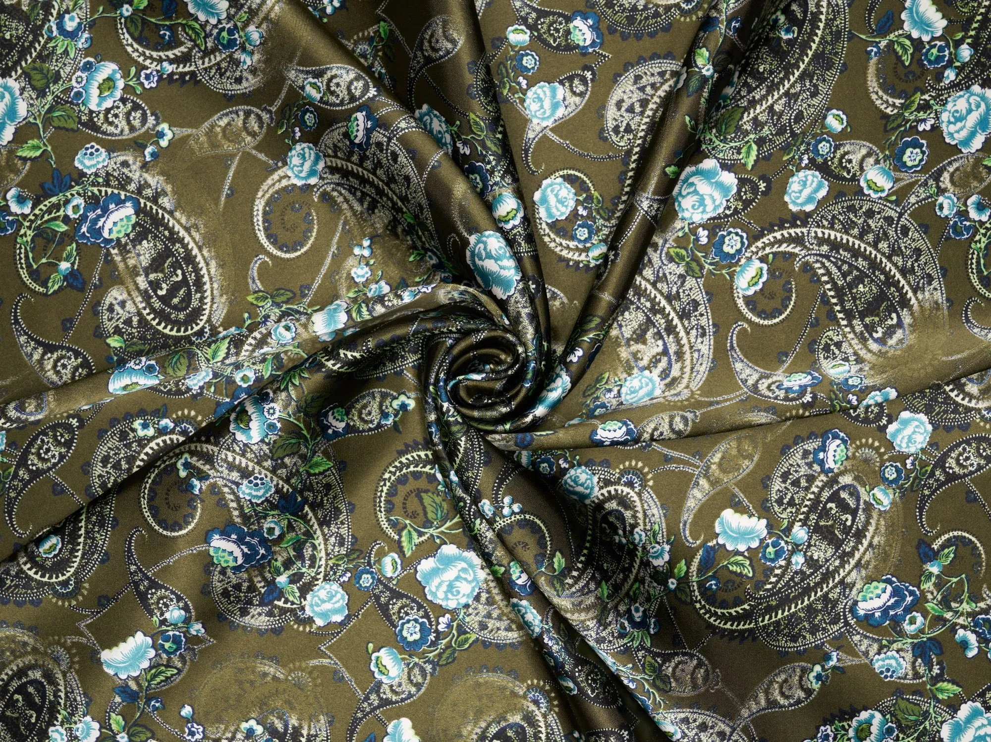 Olive and teal  washed paisley  - charmeuse satin fabric by the yard - MonSar exclusive