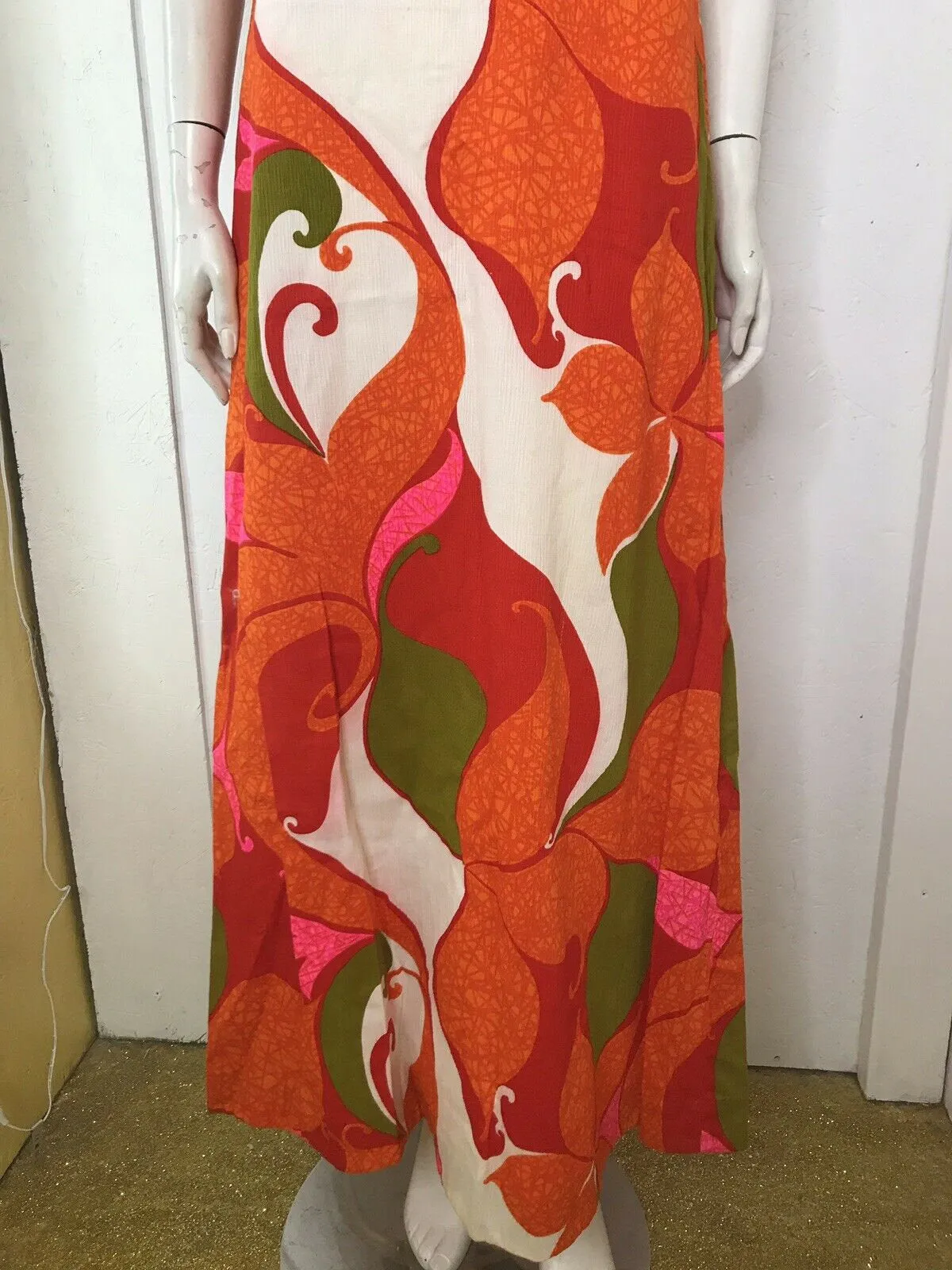 Vintage 60s Mod Cotton Barkcloth Hawaiian Pink Orange Psychadelic Maxi Dress S