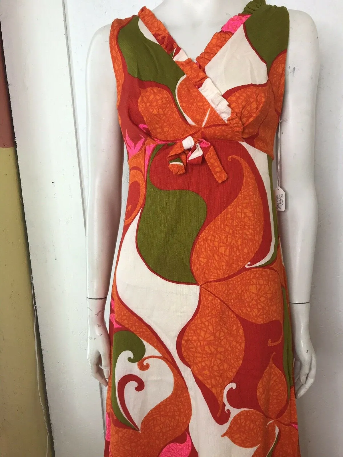 Vintage 60s Mod Cotton Barkcloth Hawaiian Pink Orange Psychadelic Maxi Dress S