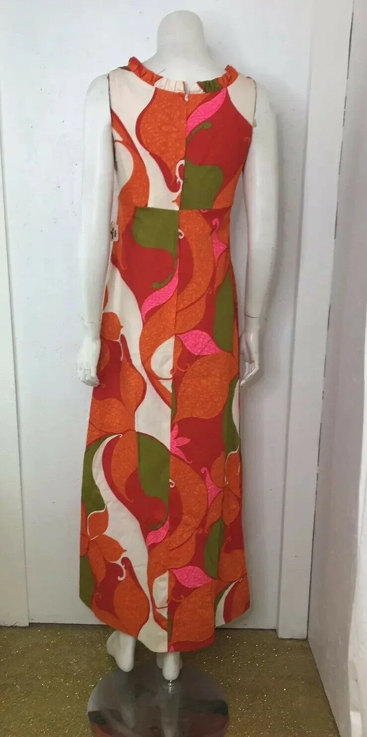 Vintage 60s Mod Cotton Barkcloth Hawaiian Pink Orange Psychadelic Maxi Dress S
