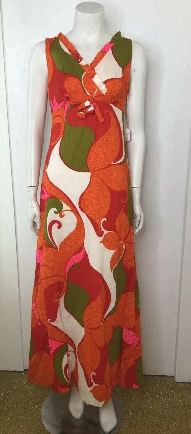 Vintage 60s Mod Cotton Barkcloth Hawaiian Pink Orange Psychadelic Maxi Dress S