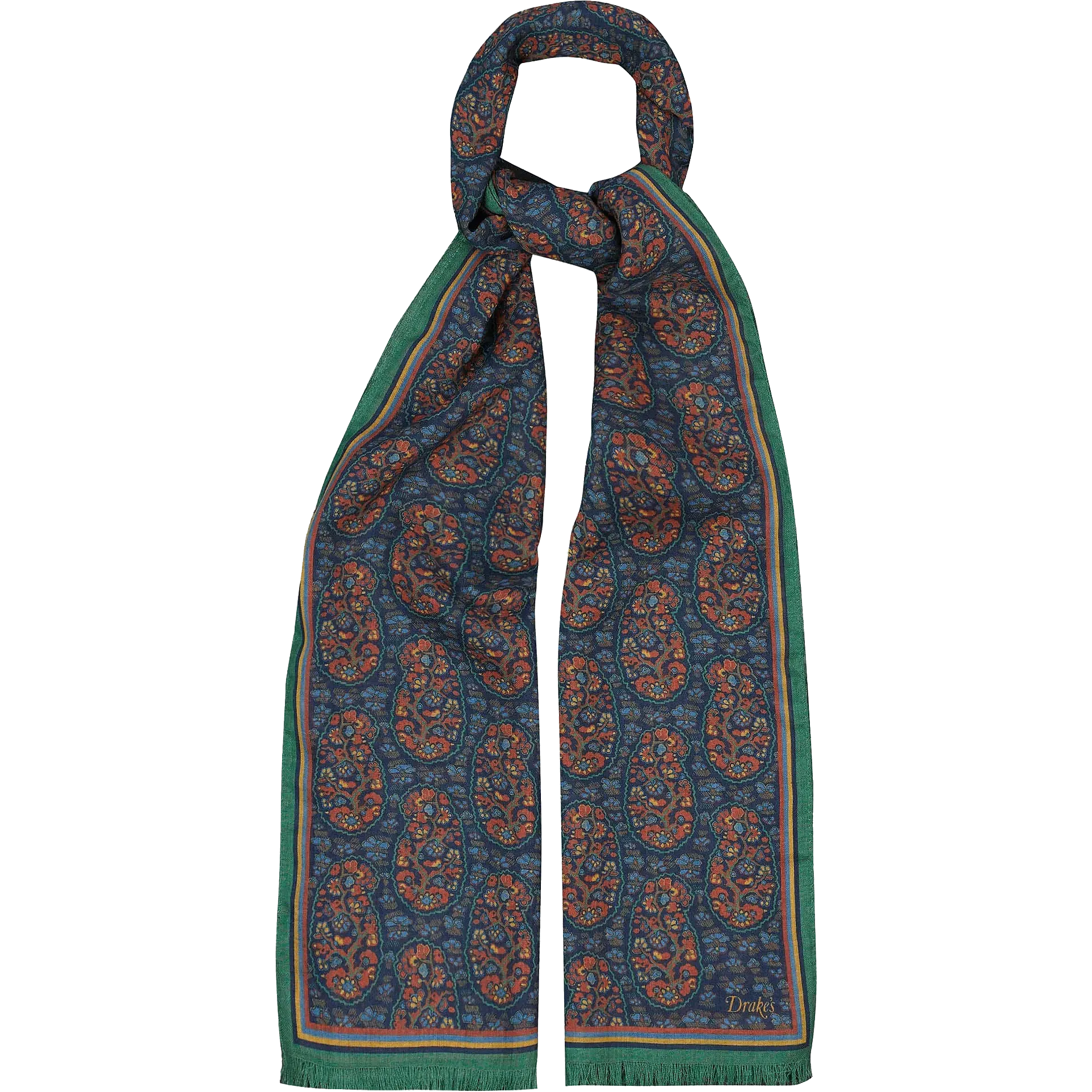 Wool / Silk Scarf - Navy / Green Paisley