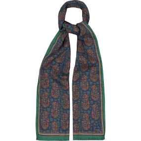 Wool / Silk Scarf - Navy / Green Paisley