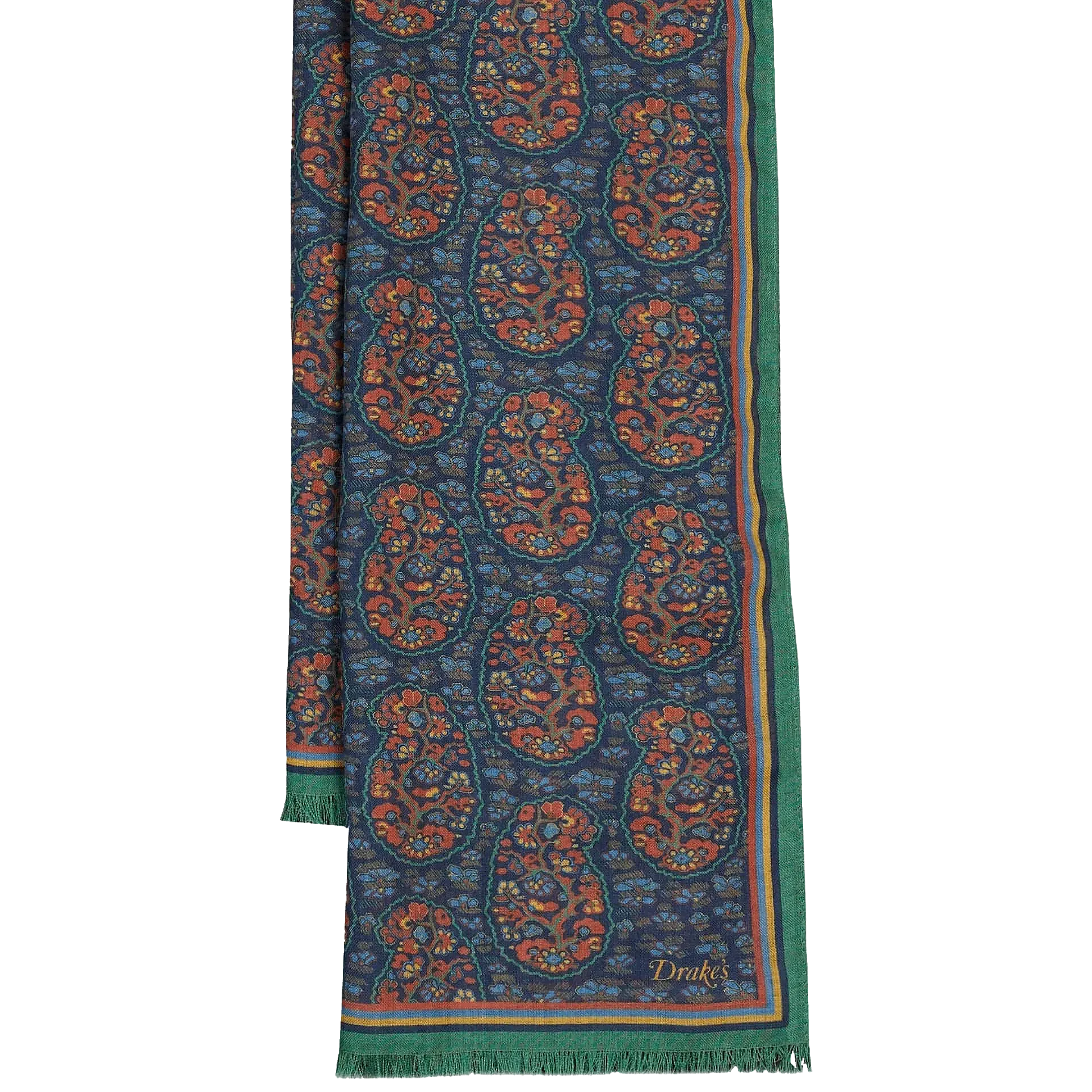 Wool / Silk Scarf - Navy / Green Paisley